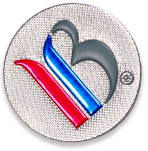 Round White Badge with Letters I and B embossed in Red Blue and Grey