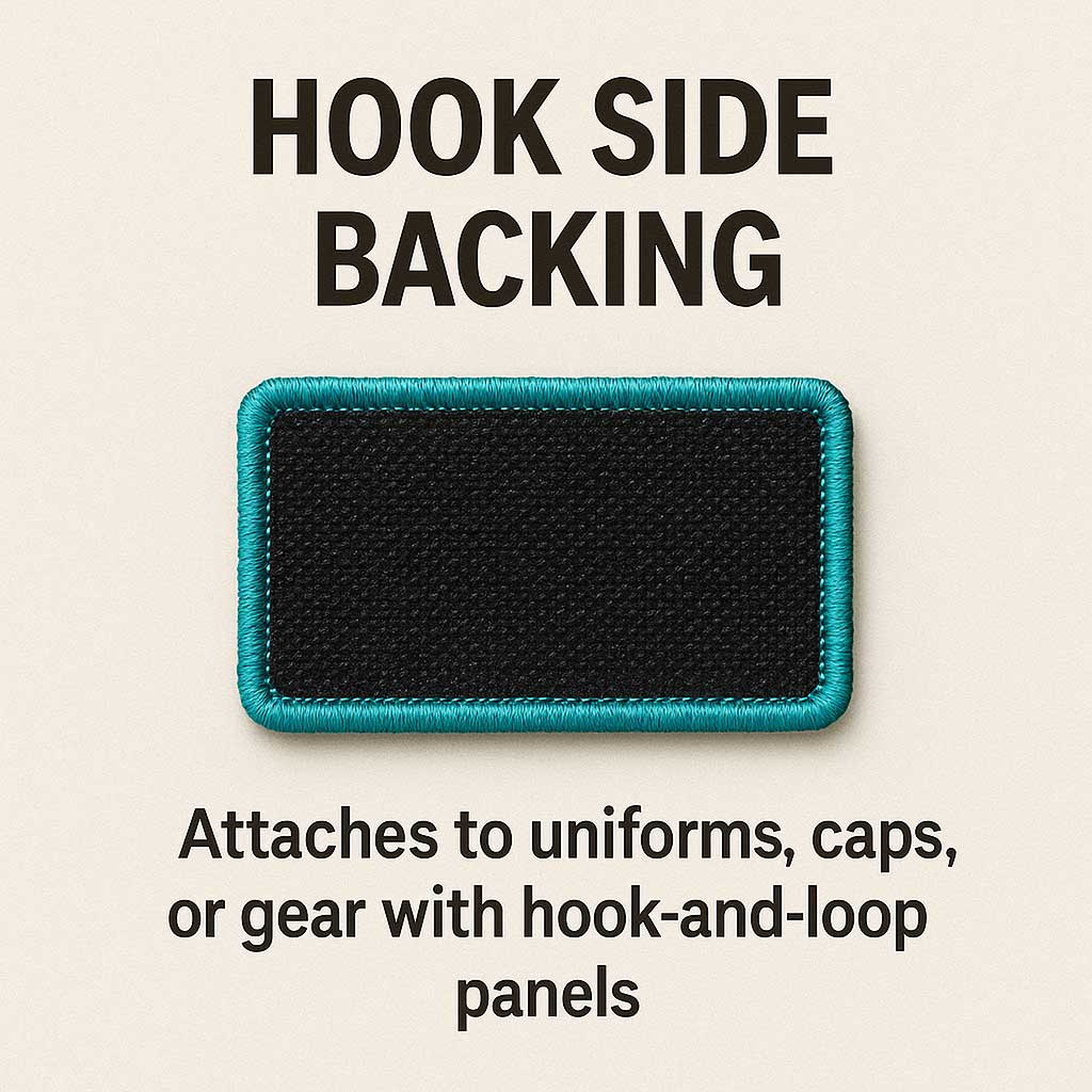 Hook-Side-Backing-Embroidery-Badge-UK Custom Badge Backing Options, heat seal badge backing, Velcro badge backing, non woven badge backing, plastic badge backing, adhesive badge backing, iron on badge backing, embroidered patch backing, hook and loop badge attachment, applique badge support