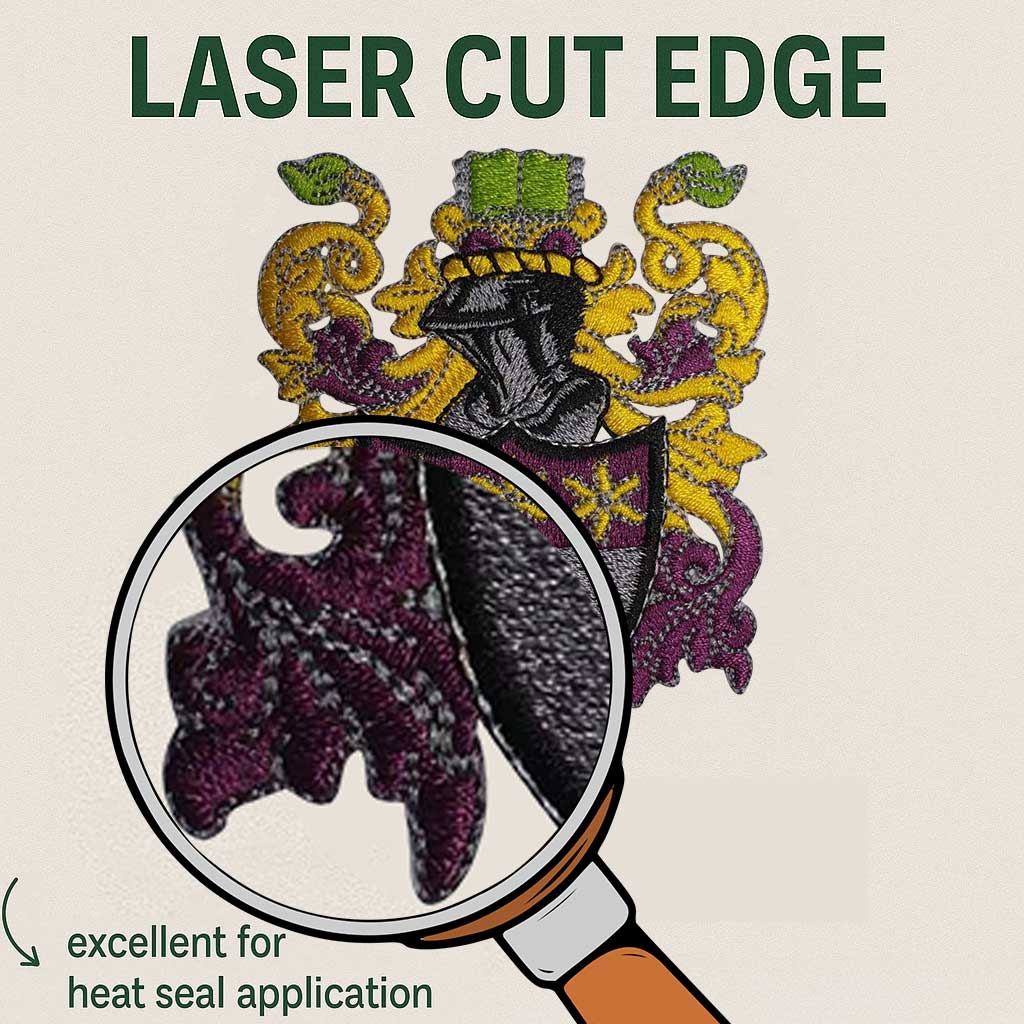 Laser-cut-border-Embroidery-Badge-UK appliqué border patches 5. laser cut embroidered badges 6. Merrow border patches 7. satin border patches 8. overlocked border badges 9. patch border types 10. badge edge styles