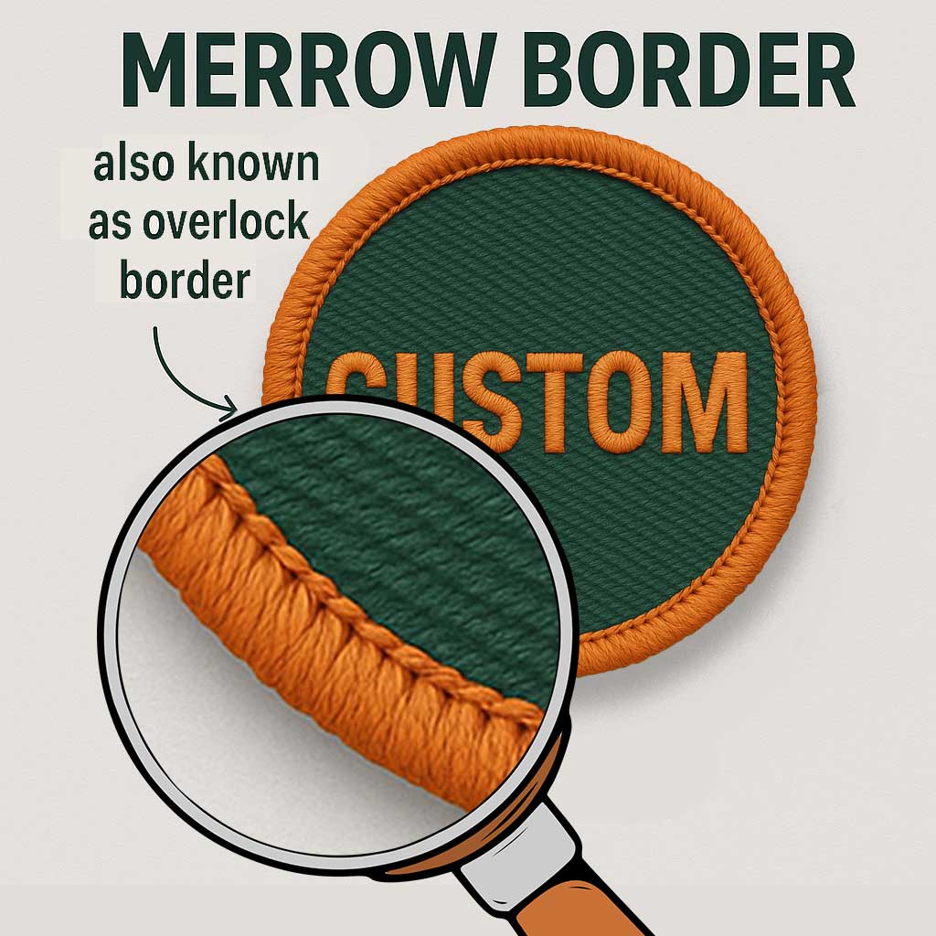 Merrow-border-Embroidery-Badge-UK appliqué border patches 5. laser cut embroidered badges 6. Merrow border patches 7. satin border patches 8. overlocked border badges 9. patch border types 10. badge edge styles