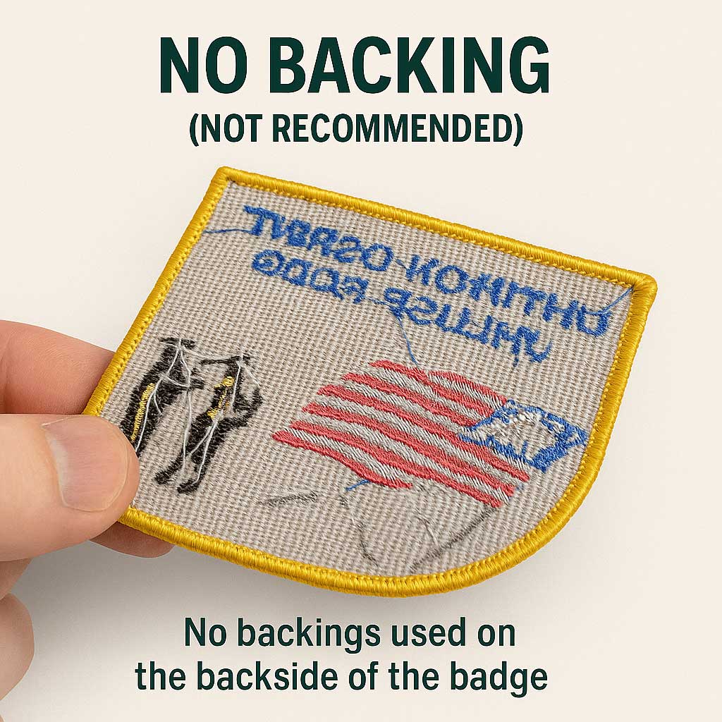 No-Backing-(not-recommended)-Embroidery-Badge-UK Custom Badge Backing Options, heat seal badge backing, Velcro badge backing, non woven badge backing, plastic badge backing, adhesive badge backing, iron on badge backing, embroidered patch backing, hook and loop badge attachment, applique badge support