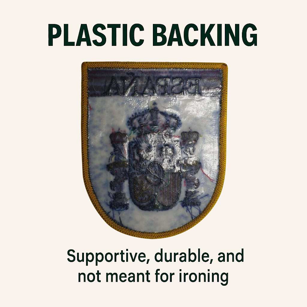 Plastic-Backing-Embroidery-Badge-UK Custom Badge Backing Options, heat seal badge backing, Velcro badge backing, non woven badge backing, plastic badge backing, adhesive badge backing, iron on badge backing, embroidered patch backing, hook and loop badge attachment, applique badge support