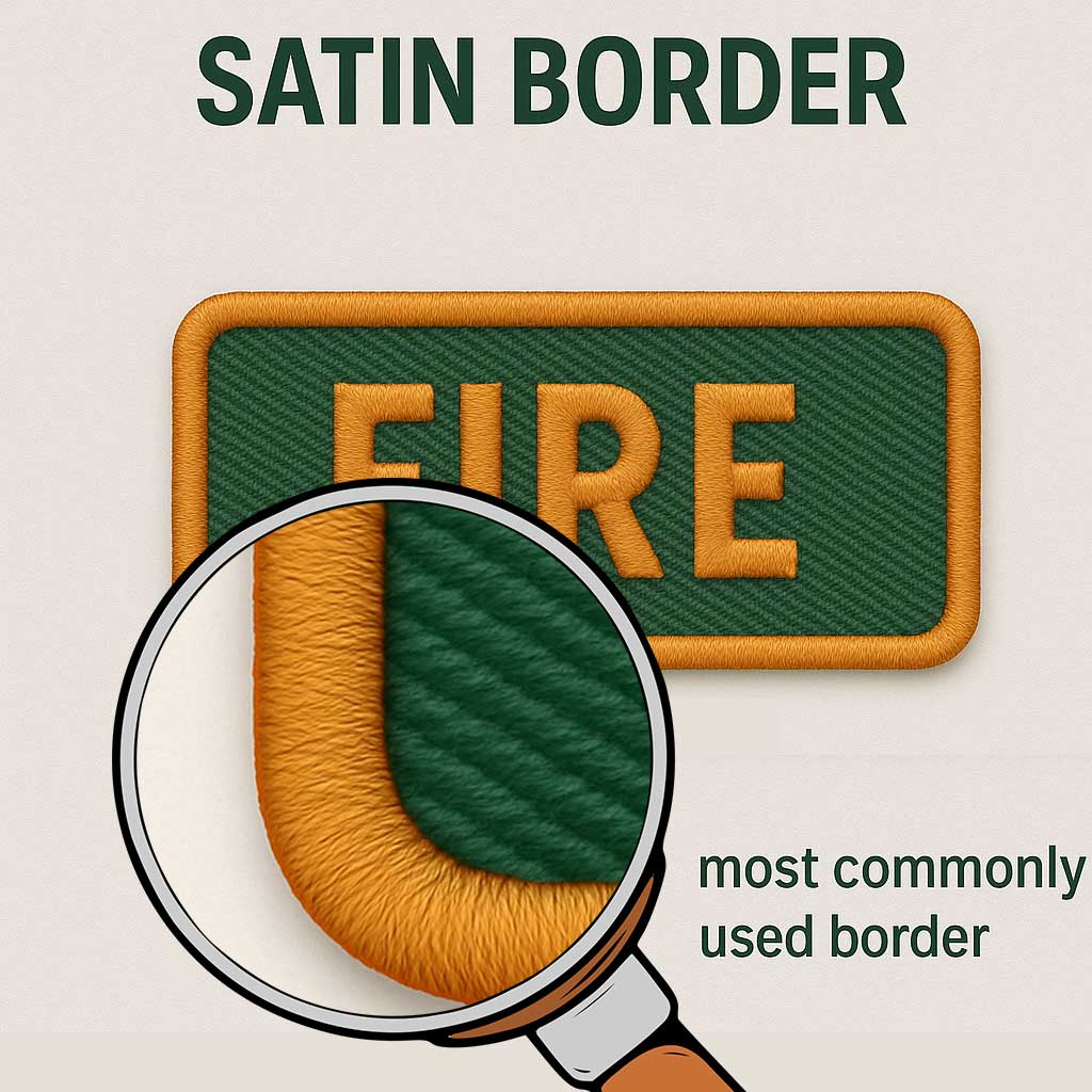 Satin-border-Embroidery-Badge-UK appliqué border patches 5. laser cut embroidered badges 6. Merrow border patches 7. satin border patches 8. overlocked border badges 9. patch border types 10. badge edge styles