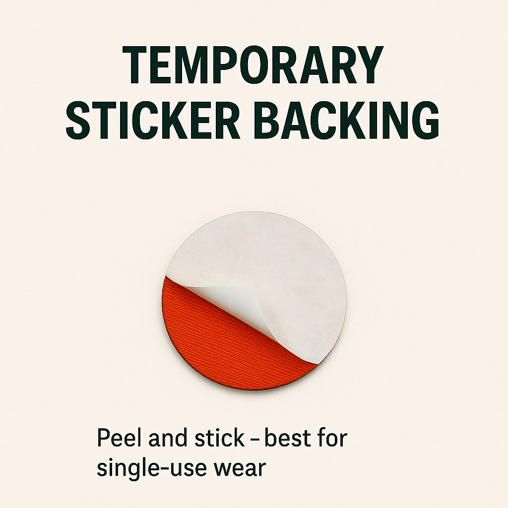 Temporary-Sticker-Adhesive-Backing-Embroidery-Badge-UK Custom Badge Backing Options, heat seal badge backing, Velcro badge backing, non woven badge backing, plastic badge backing, adhesive badge backing, iron on badge backing, embroidered patch backing, hook and loop badge attachment, applique badge support