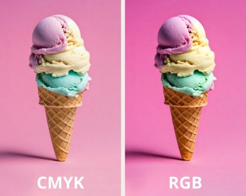 Informational Graphic – Difference Between CMYK and RGB Colours Two ice cream cone images illustrating the colour difference between CMYK and RGB