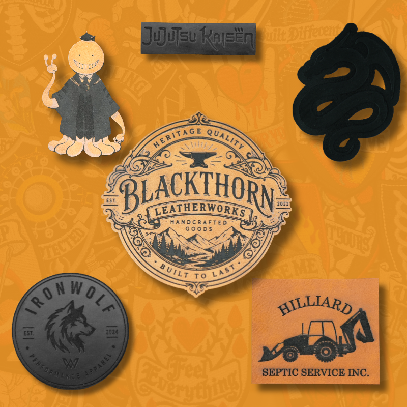 PU leather badges custom leather badges engraved leather badges faux leather patches custom PU leather patches leather effect badges UK made leather badges branded leather patches